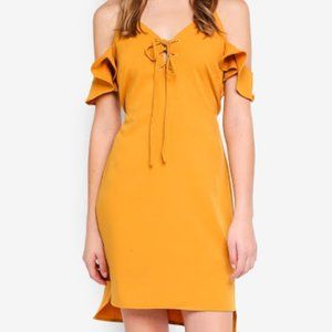 Angeleye Cold Shoulder Mustard Lace Up Dress